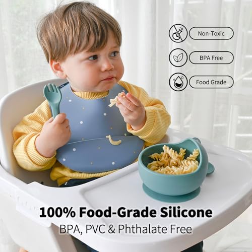 Little Rawr Baby Led Weaning Bundle, 100% Silicone Baby Feeding Set Includes Divided Plate, Suction Bowl, Straw Cup, Bib, Spoon & Fork, Develops Self Feeding Skills, Dishwasher Safe (Purple) Pink