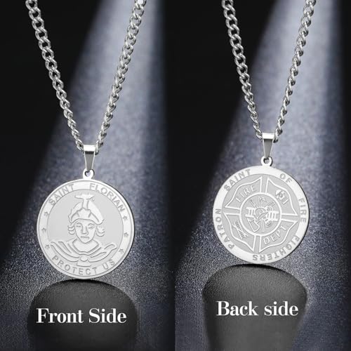 TEAMER Saint Florian Prayer Necklace St Florian Pendant, Firefighters and Soldiers Pattern Jewelry Religious Protection Amulet for Men Women Silver