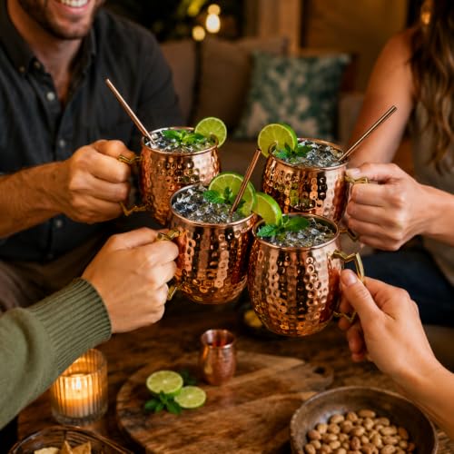 16 oz Moscow Mule Mugs Set of 4 with Straws, Jigger, Shot Glass Set of 4 - 16 Oz