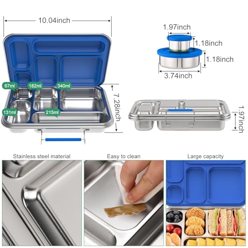 Stainless Steel Bento Box for Adults & Kids, 5-Compartment Lunch Box with 2 Sauce Containers, BPA-Free Bento Lunch Container, Dishwasher Safe, School & Work Meal Prep Lunch Container (Blue) Blue