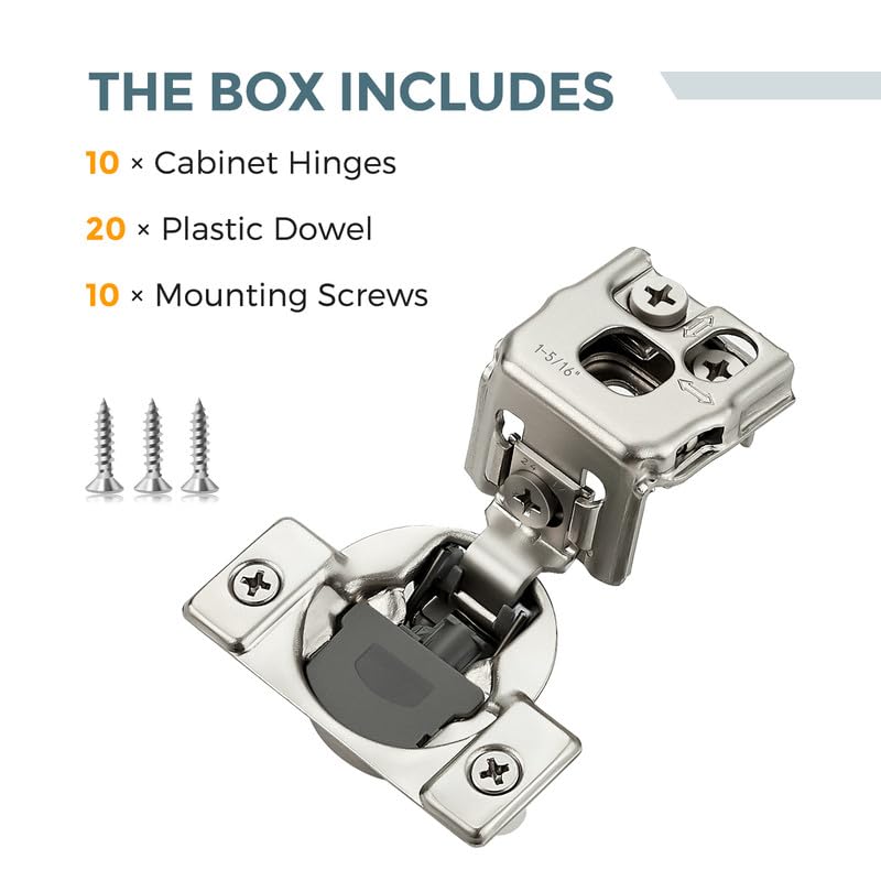 HOME EDIT 10 Pack 5 Pairs 1-5/16 inch Overlay Soft Close Cabinet Hinges for Kitchen, Stainless Steel Three-Way Adjustable, Concealed Self-Closing Door Hinges