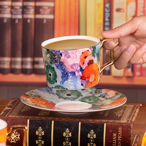 KAMMAK Tea Cups and Saucers Set of 2, Fine Bone China Coffee Cups, 569N 7KPSP569N+570N