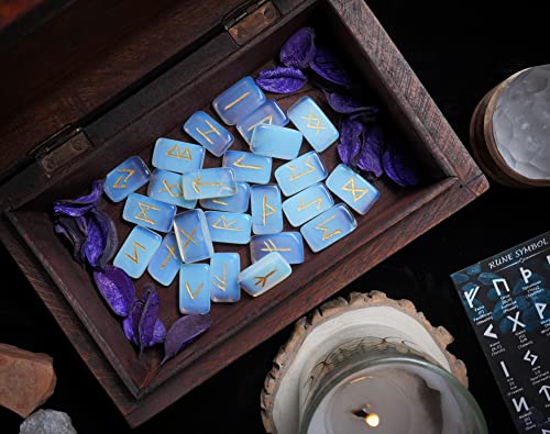 ZAICUS Opalite Rune Stones Set with Engraved Elder Futhark Runic Alphabet Pagan Lettering Viking Runes for Divination Norse Witchcraft Healing Crystal Reiki Gemstones Irregular Shaped 25 Pcs #20 Opalite Rune
