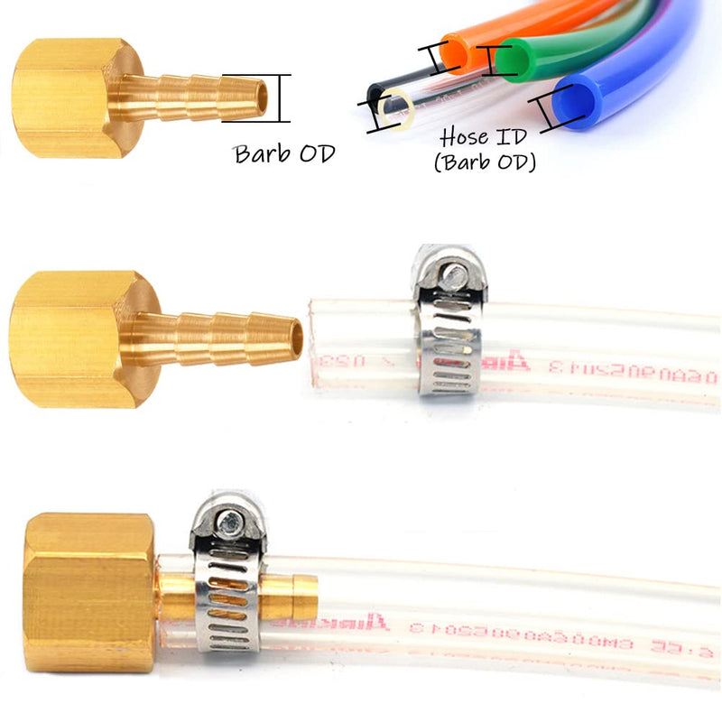 [Australia - AusPower] - 6PCS Solid Brass Thread Barb Hex Fittings 1/4"NPT Female x 1/4" Barb Include 6 Stainless Steel Clamps 1/4"Barb 