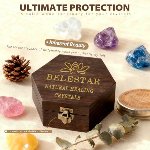 7 Chakra Healing Crystals Set - 7 Raw Stones, Wooden Box & Guide 7 Colors