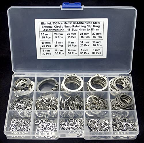 330Pcs 15-Size Metric 304 Stainless Steel External Retaining C-Clips Rings/External Circlip Snap Retaining Clip Ring Assortment Kit - 4mm to 28mm