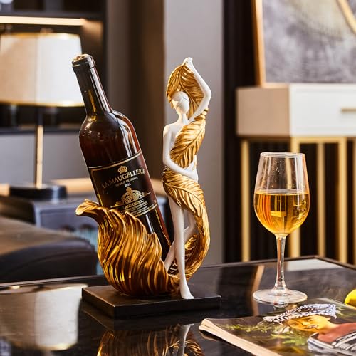 Lady Wine Bottle Holder, White and Gold Modern Bottle Rack, Single Wine Holder Stand Countertop, Water Bottle Organizer for Kitchen Bar Table Decor