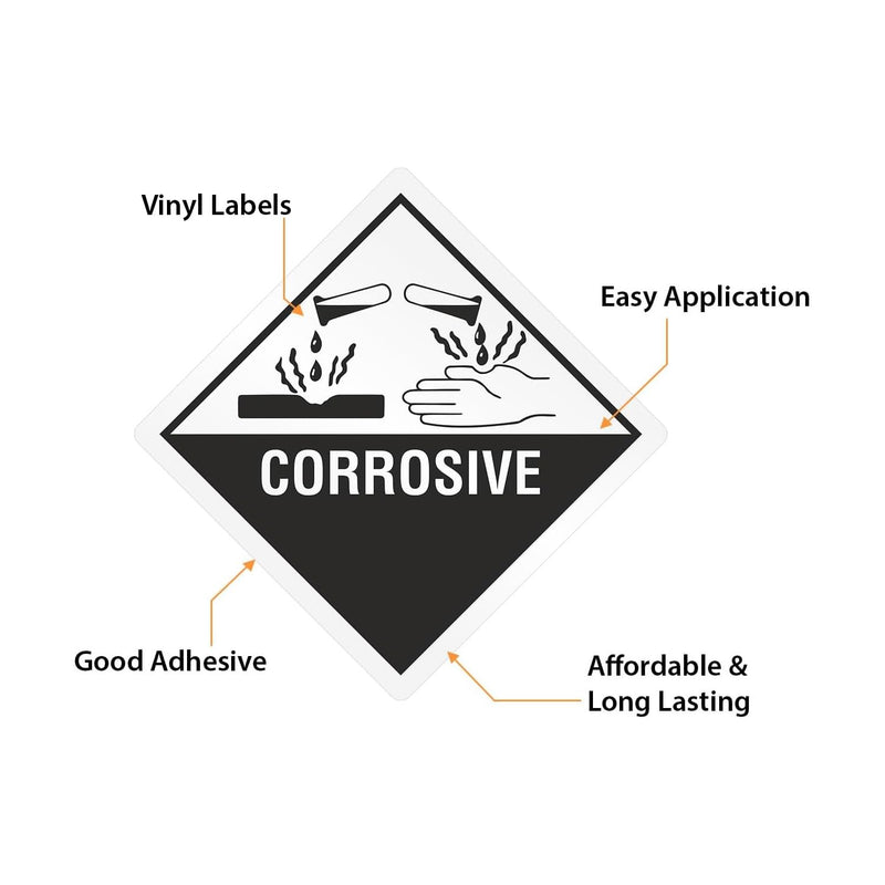 SmartSign Corrosive Labels with Symbol - 500/Roll, 4 x 4 inch Diamond, 4 mil Vinyl with Permanent Adhesive, Hazmat Shipping/Packing/Handling Labels, Black/White, Made in USA