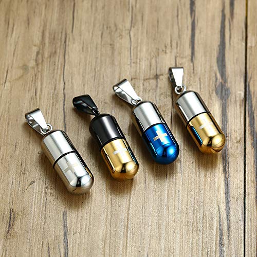 Rockyu Cross Capsule Necklace for Men Gold Black Engraved Cross Stainless Steel Memorial Keepsake Pendant 20 Inch Chain