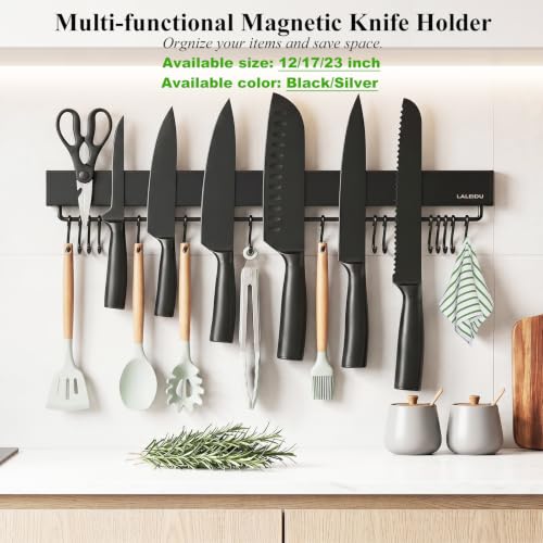 Magnetic Knife Holder for wall, 23 Inch Knife Magnetic Strip with 15 Hooks Black 23Inch