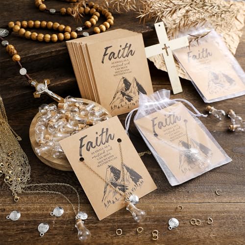 Teenyyou 30 Sets Mustard Seed Necklace Christian Charms Includes 0.5ml Tiny Glass Bottles with Cork and Cards Mustard Seed Gift Christian Gifts for Woman Church Baptism, Not Include Seeds (Gold)
