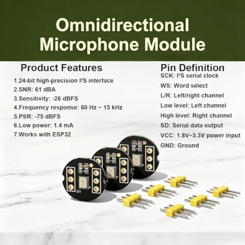 INMP441 Omnidirectional Microphone Module 24 Bit I2S MEMS Interface Pack of 3 | Digital output for precise audio recording, voice projects, voice assistants, compatible with ESP32 Arduino