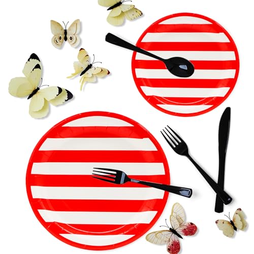 175Pcs Red and White Stripes Party Supplies Set 9"Red and White Striped Plates7"Red carnival Plates Napkins Cup Knive Fork Spoon for Striped Carnival Picnic BBQ Independence Day Party Decor Serve25