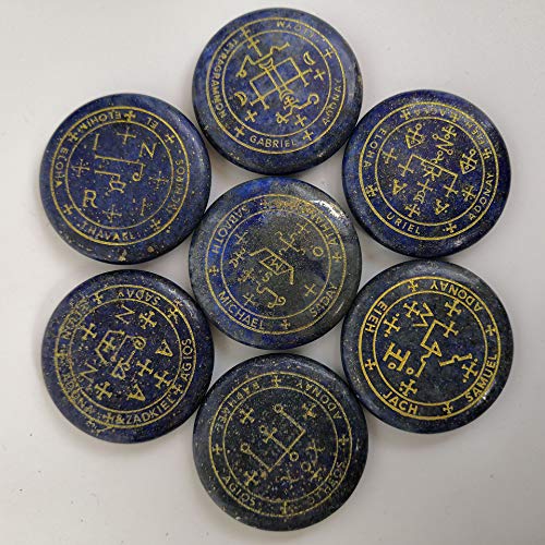 7 Piece Archangel Engraved Crystal Stone Set, Natural Gemstone Palm Disc with Gold Magic Symbols, Spiritual Decor Meditation Pocket Stone Gift Set,Lapis Lazuli Lapis Lazuli