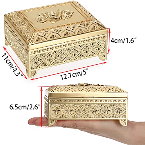 Hipiwe Gold Vintage Jewelry Box Rectangle Metal Trinket Organizer for Women Medium