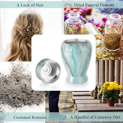 SOITIS Small Urns for Human Ashes Keepsake, 2.83 Inches Urn for Women Men, Aluminum Cremation Urns for Human Ashes-Lake Green with Heart Urn