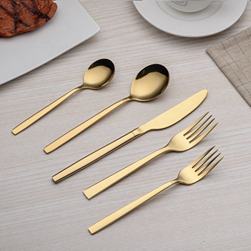 Berglander 20 Piece Titanium Gold Plated Stainless Steel Flatware Set, 20 Pieces Golden Silverware Set, Golden Cutlery Set, Service for 4 (shiny Gold) A. 20 Pieces Gold