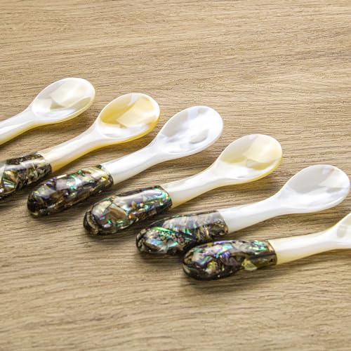 DUEBEL Set of 6 Caviar Spoons of Abalone Handle, 4" Mother of Pearl Spoons for Caviar Serving, Egg Serving, Catering Event Tableware, Restaurant Table Decor