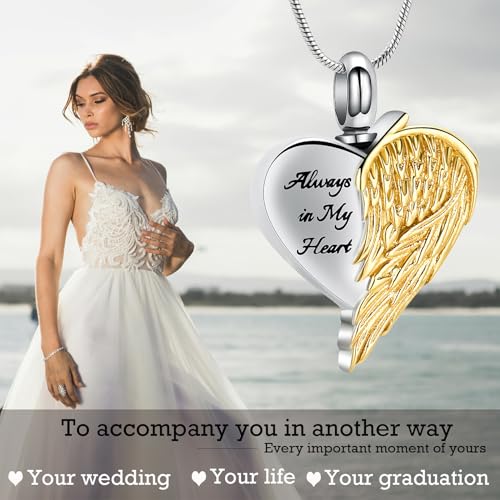 Hearbeingt Angel Wing Heart Urn Necklaces for Ashes Cremation Jewelry 1-Gold