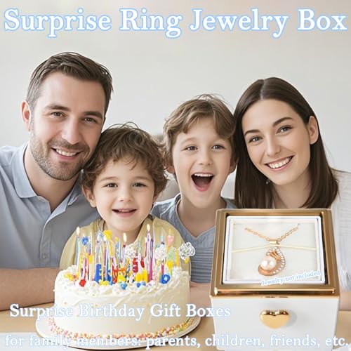 Little Bear Cake Rotating Engagement Ring Box for Proposal, Surprise Ring Necklace Box for Wedding Anniversary Birthday Mothers Day Gifts, Surprise Ring Beare Jewelry box for Women white