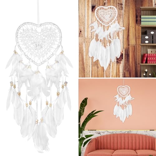 Dream Catcher,Lovely Heart Shape Dreamcatcher Handmade Lace Dream Catcher Feather Bead Wall Hanging Boho Woven Art Ornament Gift Craft Dreamcatcher Wind Chimes for Home Children Bedroom Decor White
