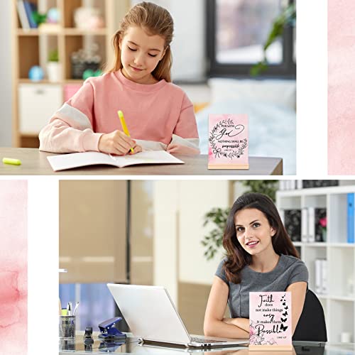 Yulejo 4 Pcs Pink Inspirational Desk Decor Christian Gifts for Women Motivational Office Desk Accessories Decor Sign Bible Verse Wood Block Plaque Positive Centerpiece for Mother Girls Faith Gifts