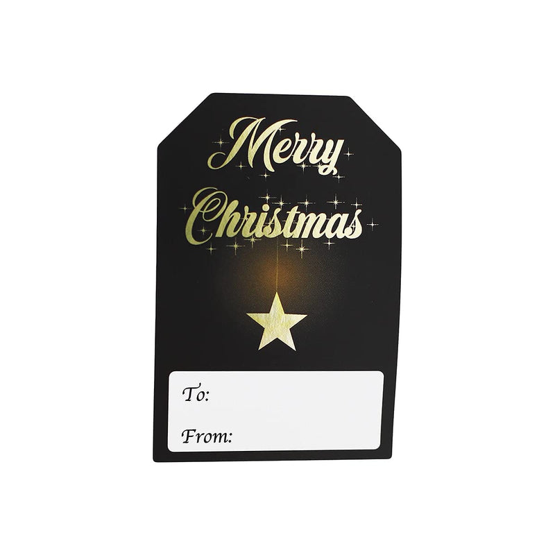 Black and Gold Christmas Gift Tags – 2 x 3 Inch Holiday Labels, Roll of 100 Stickers – Luxury ‘Merry Christmas’ and Classic Tree Adhesive Stickers, Made in The USA