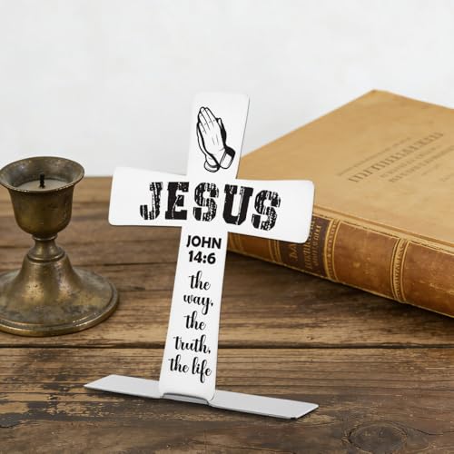 Jesus Cross Decor with John 14:6 Scripture - The Way The Truth The Life Inspirational Christian Tabletop Cross for Prayer Room Church Religious Faith Gift Decorative Signs-DX439