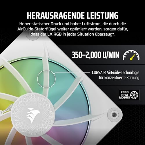 CORSAIR iCUE LINK LX140 RGB 140mm PWM Fan Single Pack - Dual Light Loops - Requires iCUE LINK System Hub (Available Separately) - CORSAIR AirGuide Technology - White 1 x 140mm