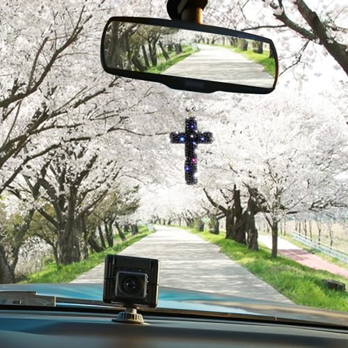 Bling Car Rear View Mirror Accessories Hanging Pendant,Cross Crystal Rhinestone For Car Mirror Hanging,Double-Sided Cross Diamond Religious,Interior Men Women Car Accessories Black