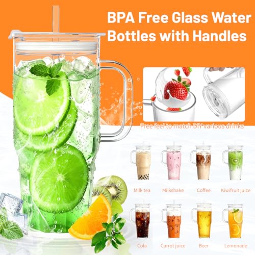 Birity 2Pack 40OZ Glass Tumbler with Handle,Glass Cup with Lid and Straw,Reusable Glass Iced Coffee Cup for Beer, Smoothies, Juice,Hot/Cold Drinks-Suitable for Birthday,Wedding 40 oz 2-pack borosilicate