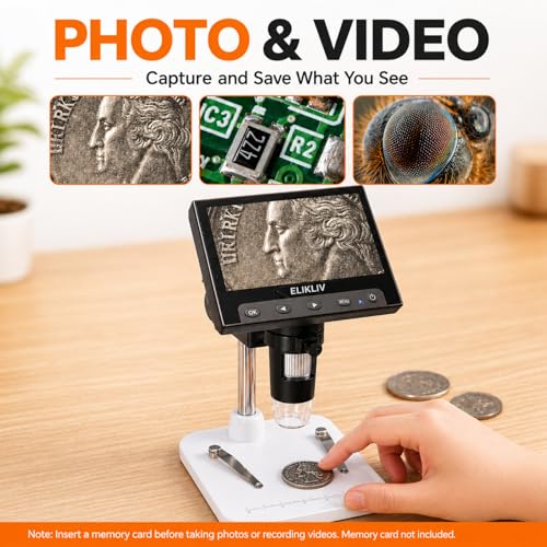 Elikliv Microscope, LCD Digital Coin Microscope 1000x, Coin Magnifier with 8 Adjustable LED Lights, PC View Compatible with Windows/MacBook, EDM4, 4.3-Inch White