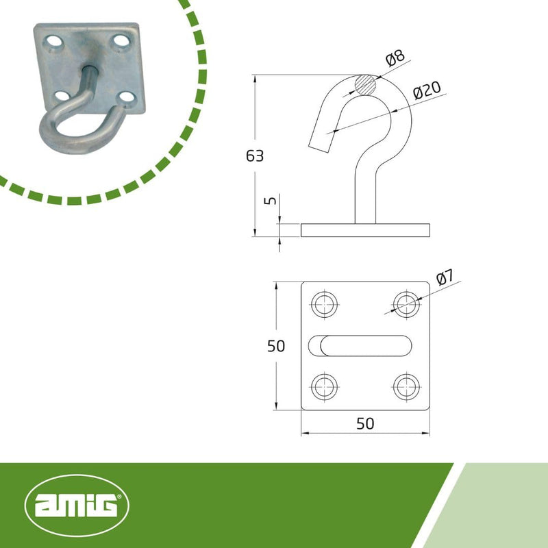 Amig - Deckenhaken für Lampen | 50 x 50 x 8 mm Haken Ø8 mm | Offener Mehrzweckhaken | Mit fester Befestigungsplatte | Verzinkter Stahl.