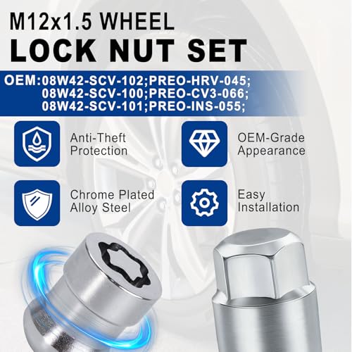 RCPOWERCH wheel lock lug nut set with four anti-theft alloy lug nuts and wheel lock key for Honda vehicles