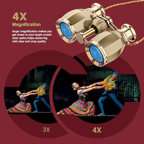 ESSLNB Opera Glasses Binoculars for Women Adults 4X30mm Theater Glasses Compact Binoculars for Theater and Concerts Antique with Case Removable Chain (Gold) Gold