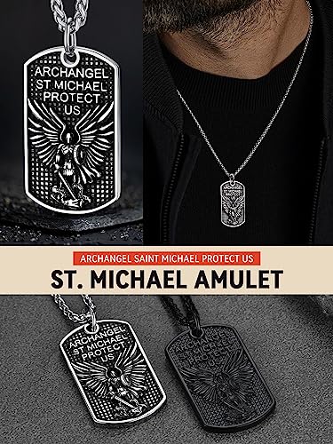 FaithHeart Saint Michael Necklace, Stainless Steel Archangel St Michael Shield/Coin/Dog Tag Pendant Necklaces for Men, Catholic Prayer Jewellery - With Gift Box Dog Tag-Steel