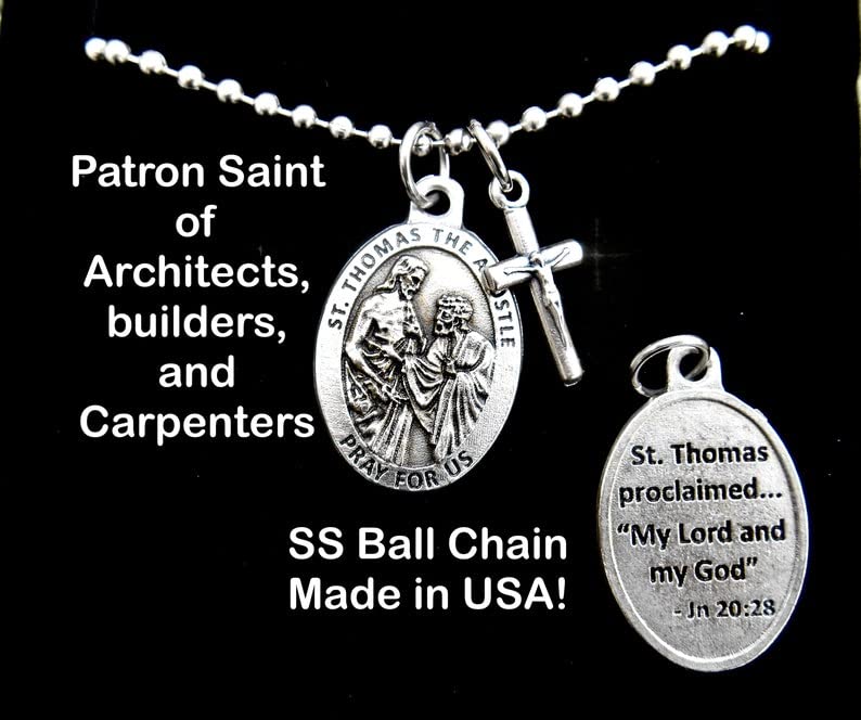 Saint Thomas the Apostle Mens Crucifix Catholic Boys Cross Confirmation Cross Silver Stainless Steel 2.4mm Ball Chain