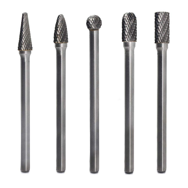 Carbide Burrs Set - 5pcs diameter Extended Long Double Cut Solid Carbide Rotary Burr File Set 1/4 Inch Shank for Die Grinder Drill, Metal Carving,Polishing,Engraving,Drilling