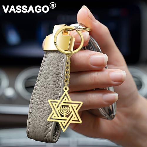 VASSAGO Star of David Keychain for Women Men Jewish Star Menorah Keyring Stainless Steel Hanukkah Keychain Israel Religious Jewelry Gold