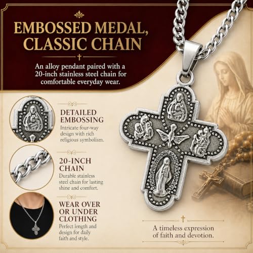 Catholic Four Way Scapular Medal Necklace with Alloy Cross Pendant, 20 Inch Stainless Steel Chain, Emergency Priest ID Card and Gift Box, Sacred Heart, St. Joseph, St. Christopher silver