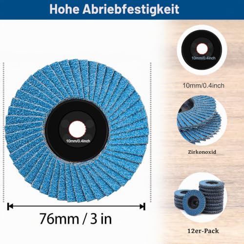 Pack of 12 76 mm Flap Discs, Fine Surface Flap Sander, 40/60/80/120 Grain Angle Grinder, Polishing Mop, Sanding Discs, Flap Disc for Metal, Wood, Steel Grit set 12 pieces 76 mm