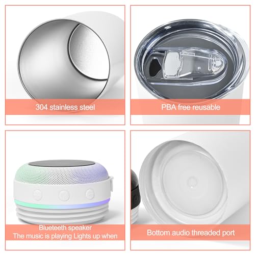 AGH 2 Pack Music Speaker & Tumbler with Straw, Lid & LED, 20oz Stainless Steel, DIY Gifts (White) White-2P