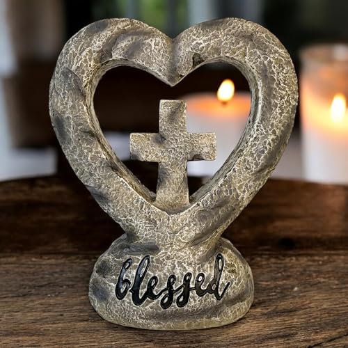 Top Brass Blessed Heart and Cross Standing Figurine – 5.5” Rustic Inspirational Statue with Engraved ‘Blessed’ Script, Christian Tabletop Décor, Faith-Based Home Accent, Spiritual Item for Loved Ones