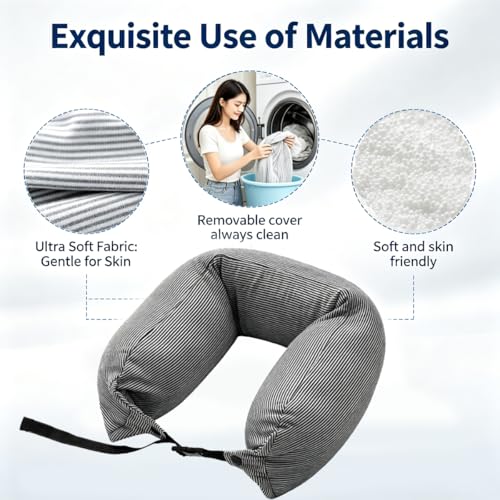 Microbead Sleep Head Pillow Portable Travel Neck Pillow, Breathable Soft Stretchy Fabric for Plane, Car, Office & Home Naps (Blue) Blue Stripes