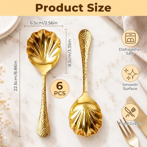 6Pcs Gold Serving Spoons,8.7In 304 Stainless Steel Large Serving Spoon with Hammered Long Handle,Scalloped Design Metal Spoons Serving Utensil for Party Buffet Banquet Cooking Dishwasher Safe