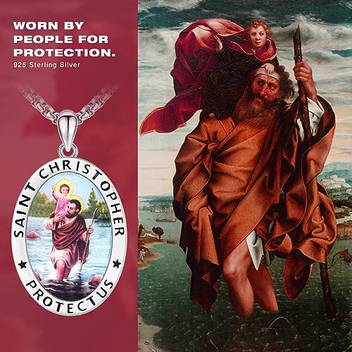 Religious Amulet Necklace 925 Sterling Silver St.Christopher/St.Michael Pendant Necklace Patron Saint Archangel Michael Catholic Jewellery for Men Women C-Silver-St Christopher