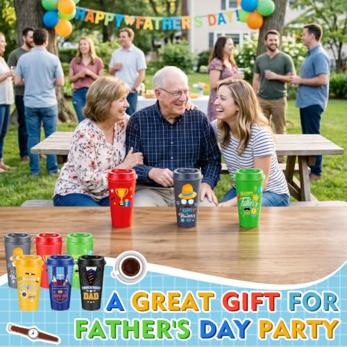 Chuangdi 12 Pcs Fathers Day Dad Gifts Coffee Mugs Bulk Set, 16 oz Reusable Plastic Tumblers with Lids, Happy Fathers Day Party Supplies, Husband Dad Gifts from Daughter Son Wife, 6 Designs 2 Each Retro