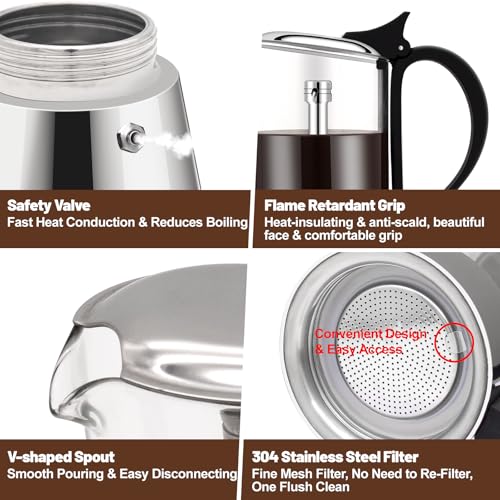 6 Cup Glass Transparent Moka Pot Stainless Steel Uncoated Stovetop Espresso Maker Italian Coffee Makers Mocha Greca Machine Cafe Classic Induction Cookers for Home Camping 350ml 6 Cup
