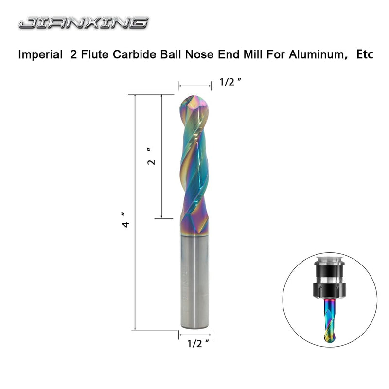 [Australia - AusPower] - 1/2" Extra Long DLC Coated 2-Flute Carbide Ball Nose End Mill, 4" Overall Length, Ideal for Aluminum, Copper Alloys & Plastic Machining–High Precision & Wear-Resistant Cutting Tool (1 Piece) 1/2" Extra Long 