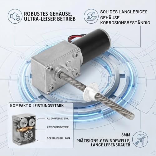 12V Geared Motor with Torque, 1280 M8 Double Shaft Worm Gear Motor, Right and Left Coaxial Motor with Flange (Reduction Ratio 200)